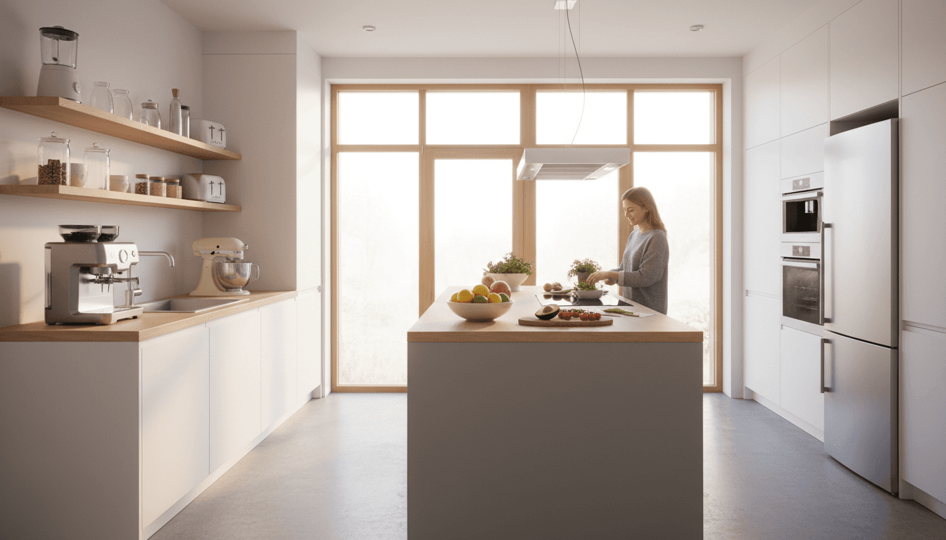 Spotless modern kitchen with open refrigerator and clean oven