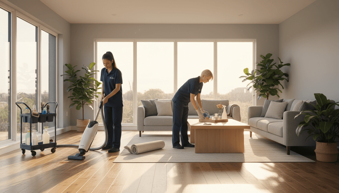 Cleaning professional reviewing a checklist in an empty living room