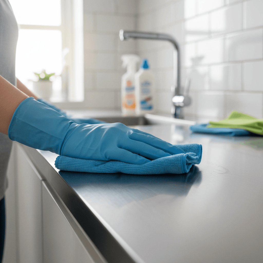 Gloved hands wiping a shiny stainless steel kitchen countertop