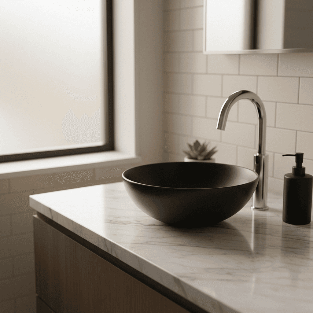 Spotless bathroom vanity with gleaming faucet and mirror