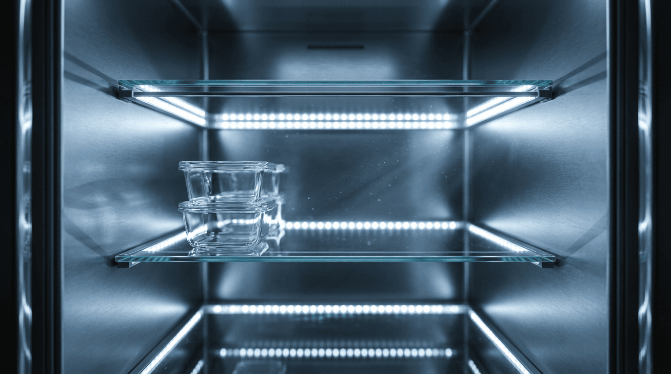 Open refrigerator with clean shelves and drawers