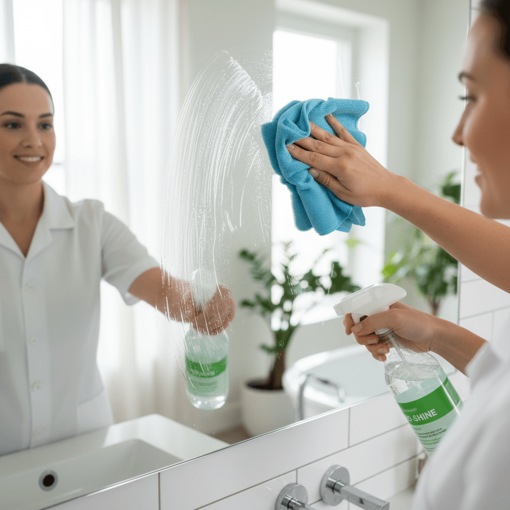Cleaner wiping a bathroom mirror to a streak-free shine