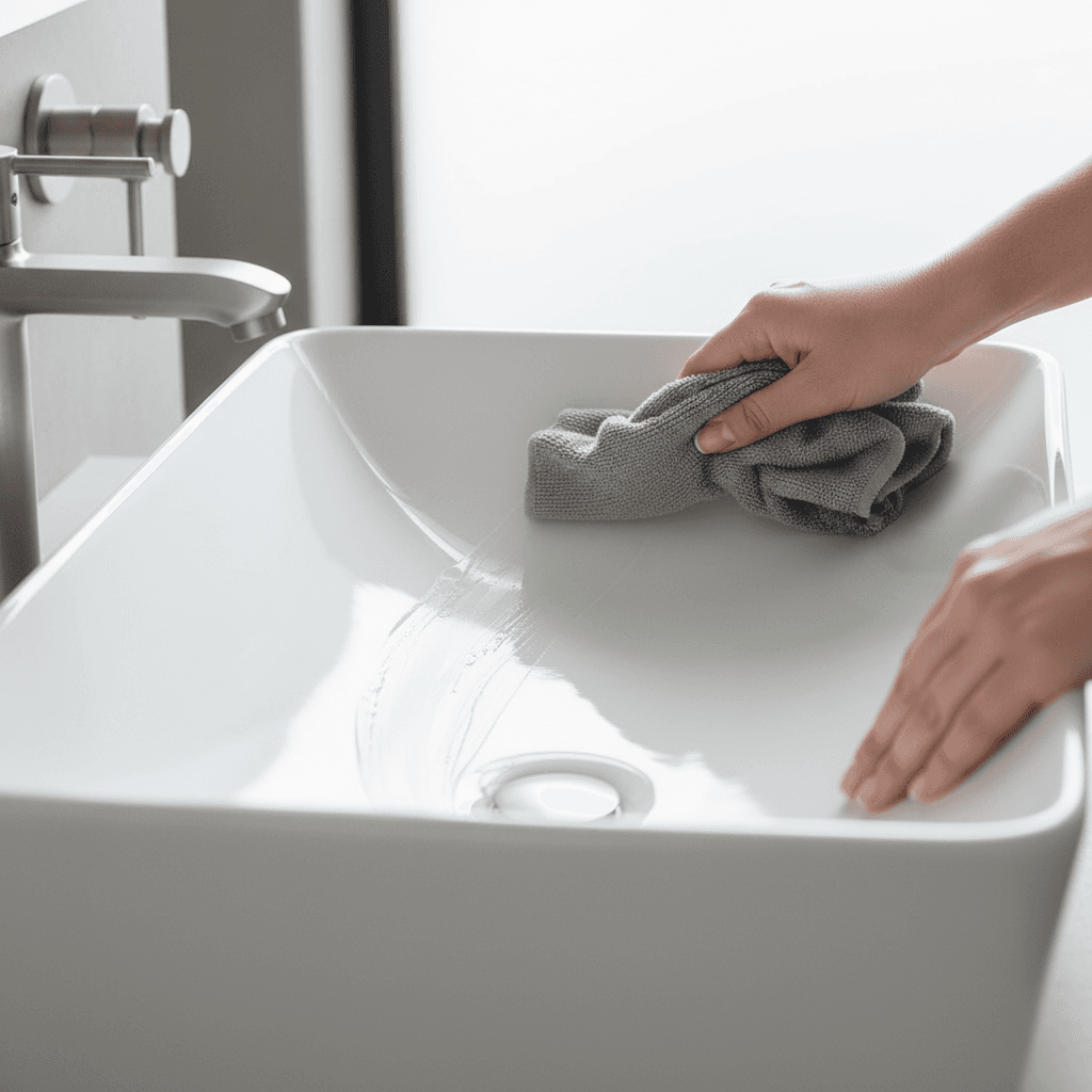 Close-up of a polished bathroom sink with no water spots