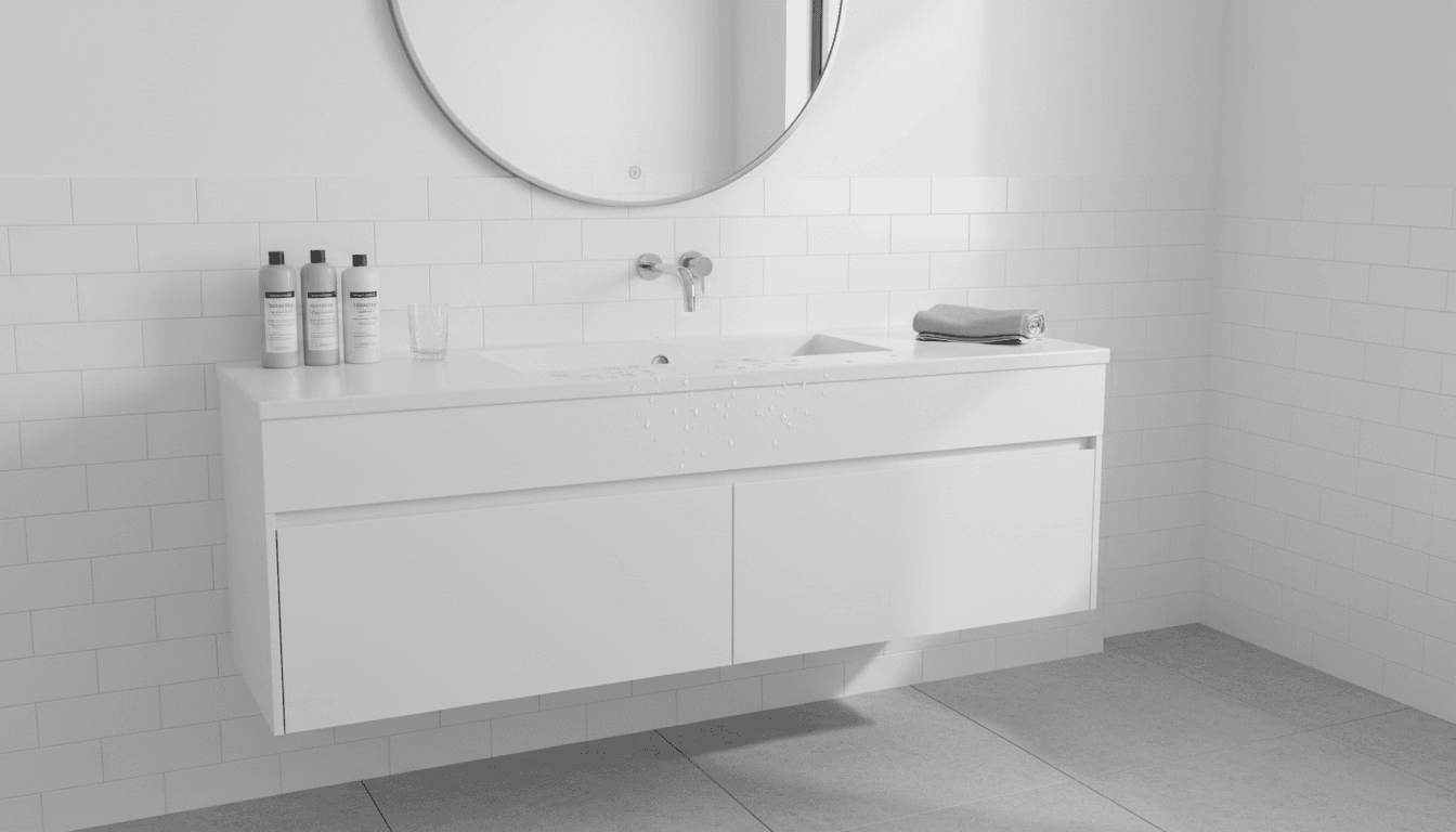 Clean bathroom countertop with tidy toiletries